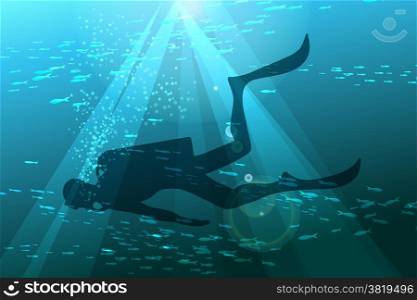 Illustration of scuba diver in deep sea against schools of fishes