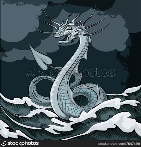 Illustration of sea dragon floating in the sea drawn in cartoon style