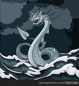 Illustration of sea dragon floating in the sea drawn in cartoon style