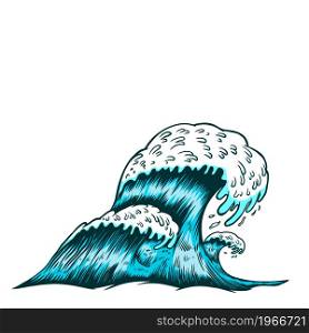Illustration of sea waves in engraving style. Design element for poster, card, banner, menu. Vector illustration