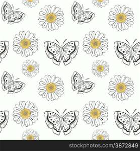 Illustration of seamless pattern with doodle butterflyes and daisy on white background