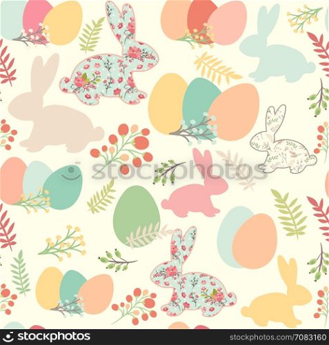 Illustration of seamless pattern with flowers, bunnies, and easter eggs