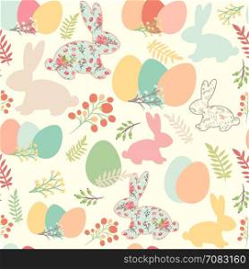 Illustration of seamless pattern with flowers, bunnies, and easter eggs