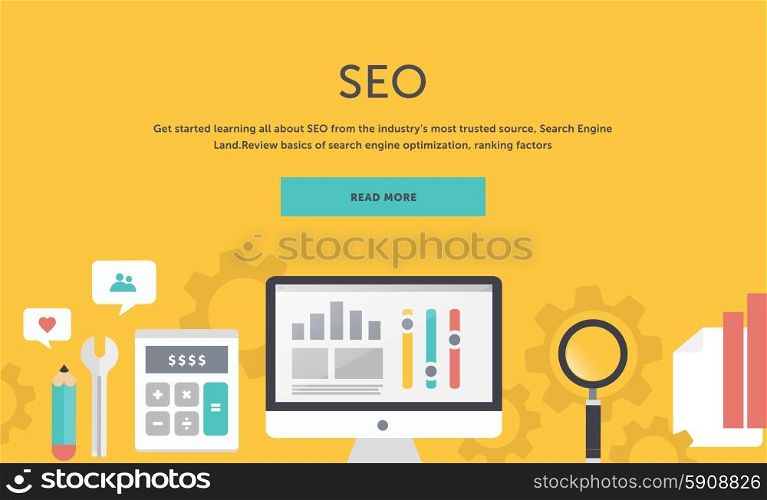 Illustration of seo optimization, analysiselements on stylish colored background with text Read more. For web construction, mobile application, banners, corporate brochures, book covers, layouts etc