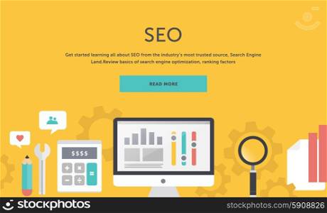 Illustration of seo optimization, analysiselements on stylish colored background with text Read more. For web construction, mobile application, banners, corporate brochures, book covers, layouts etc