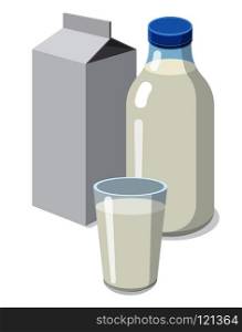 illustration of set bottle and glass with milk. fresh milk