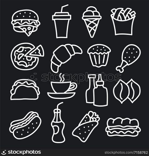 illustration of set fast food icons and signs black and white drawings and sketches. fast food icons
