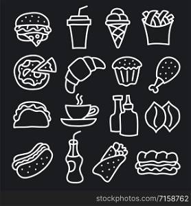illustration of set fast food icons and signs black and white drawings and sketches. fast food icons