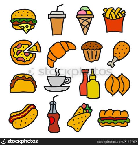 illustration of set fast food icons and signs drawings. fast food icons