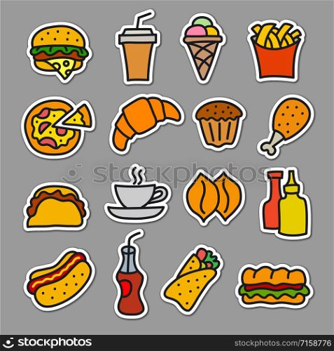 illustration of set fast food stickers drawings and sketches. fast food stickers