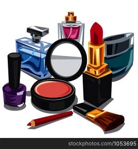 illustration of set of different cosmetics, makeup and perfumes. cosmetics and makeup