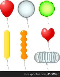 Illustration of seven different ballons in several different colors and shapes