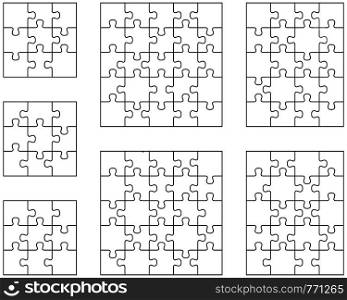 Illustration of seven different white puzzles, separate pieces