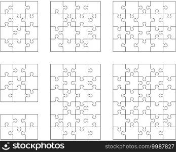  Illustration of seven different white puzzles, separate pieces