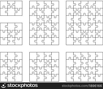Illustration of seven jigsaw puzzles, isolated pieces
