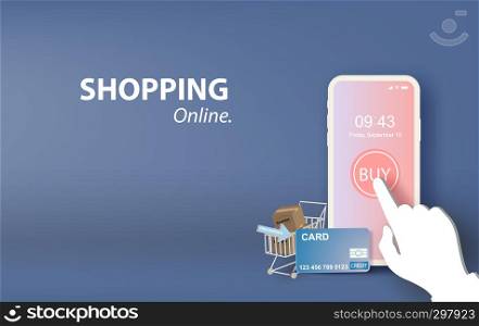 illustration of shopping online on Mobile Application Vector Concept. banner of phone app templates design. Website or Mobile Application Vector Concept Digital marketing view.paper art and craft.