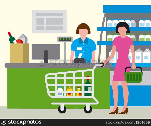 illustration of shopping woman in food supermarket. supermarket shopping food