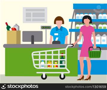 illustration of shopping woman in food supermarket. supermarket shopping food