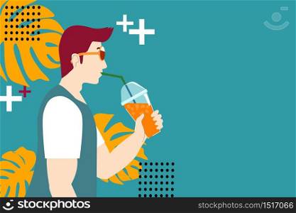 Illustration of side view and half body of a man is drinking Orange juice. He is on green background and monstera leaves.