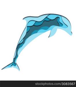 Illustration of silhouette of jumping dolphin with 3d element cut out of paper in blue colors. Vector summer element for your design. Illustration of silhouette of jumping dolphin with 3d element cut out of paper in blue colors. Vector summer element