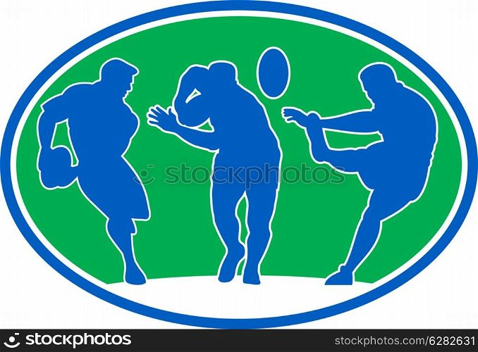illustration of silhouette of rugby player running passing fending and kicking the ball set inside an oval or ellipse. rugby player run fend pass kick