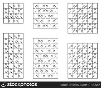 Illustration of six different white puzzles, separate pieces