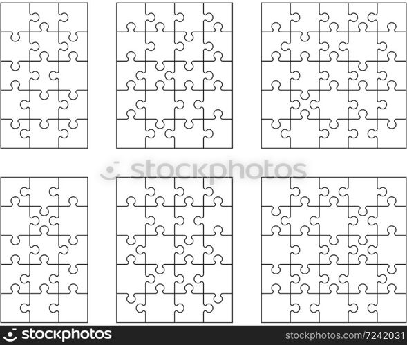 Illustration of six white puzzles, separate parts