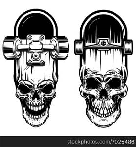 Illustration of skateboard with skull. Design element for logo, label, sign, poster, t shirt. Vector image