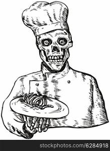Illustration of skeleton chef cook holding plate set on isolated white background done in retro style. . Skeleton Chef Cook