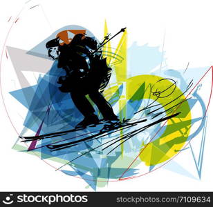 Illustration of skier skiing downhill on abstract background