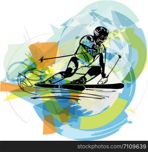 Illustration of skier skiing downhill on abstract background