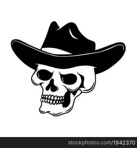 Illustration of skull in cowboy hat. Design element for logo, emblem, sign, poster, card, banner. Vector illustration