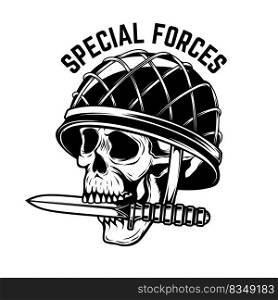 Illustration of skull in military helmet with knife in teeth in monochrome style. Design element for logo, label, sign, poster. Vector illustration