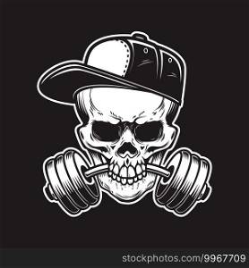 Illustration of skull with barbell in teeth in engraving style. Skull in baseball cap. Design element for logo, emblem, sign, poster, card, banner. Vector illustration