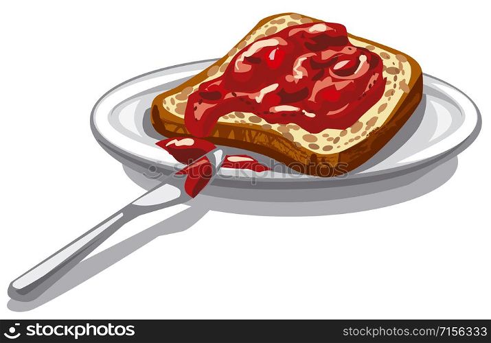 illustration of sliced bread with jam on plate. bread with jam