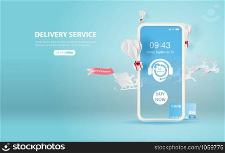 illustration of smartphone Online delivery service application concept.Merry Christmas season.Paper cut and craft style.Santa Claus riding with reindeer transport gift balloon fly air Vector EPS10