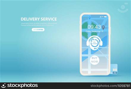 illustration of smartphone with Online delivery service application concept.Creative Paper cut and craft style on blue background.Graphic minimal map location order transport.Design technology Vector