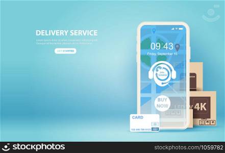 illustration of smartphone with Online delivery service application concept.Creative Paper cut and craft style on blue background.Graphic minimal map location order box transport.technology Vector