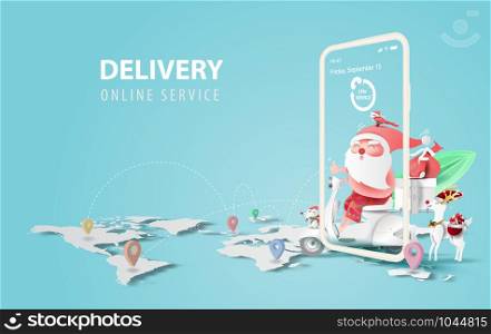 illustration of smartphone with Online delivery service application concept.Summer Christmas season.Paper cut and craft on blue background.Graphic Santa Claus riding a motorcycle transport gift Vector