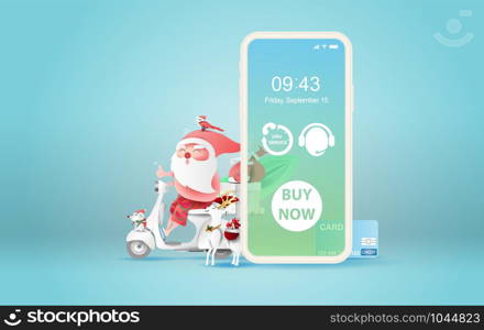 illustration of smartphone with Online delivery service application concept.Summer Christmas season.Paper cut and craft on blue background.Graphic Santa Claus riding a motorcycle transport gift Vector