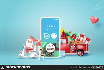 illustration of smartphone with Online delivery service application concept.Summer Christmas season.Paper cut and craft.Graphic Santa Claus riding a motorcycle and car truck transport gift Vector