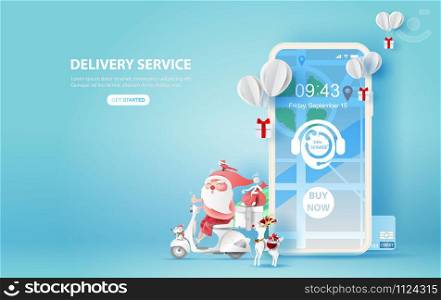 illustration of smartphone with Online delivery service application Merry Christmas and balloon gift box concept.Paper cut and craft style.Graphic map location order transport.Mobile device Vector