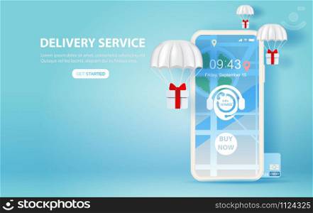 illustration of smartphone with Online delivery service GPS application concept.Parachute gift box fly air Paper cut and craft style.Graphic minimal map location order motorcycle transport.Vector
