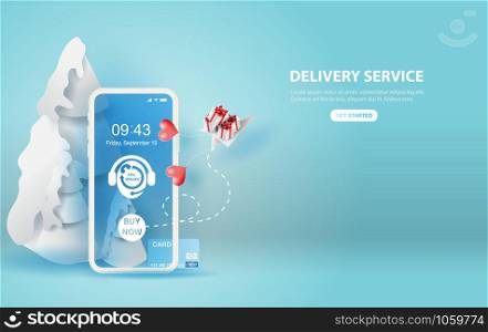 illustration of smartphone with paper plane gift Online delivery service application concept.Merry Christmas season.Paper cut and craft on blue background.Graphic minimal order transport Vector EPS10