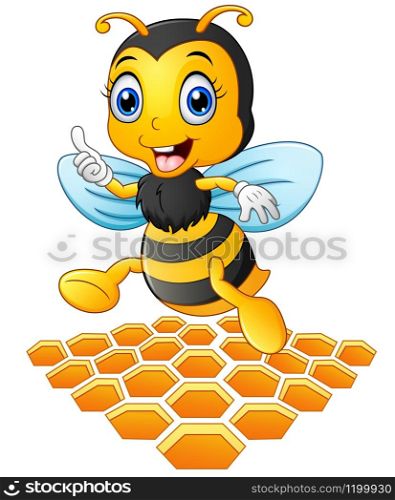 Illustration of Smiling cartoon bee with a honeycomb