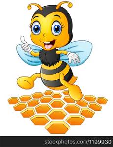 Illustration of Smiling cartoon bee with a honeycomb
