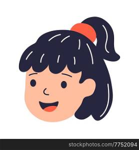 Illustration of smiling girl face. Child in cartoon style. Image for school and kindergarten. Happy childhood.. Illustration of smiling girl face. Child in cartoon style. Image for school and kindergarten.