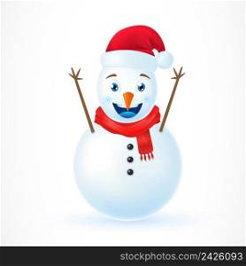 Illustration of Smiling snowman in Christmas cap. Entertainment, activity, holiday. Celebration concept. Christmas and New Year design element for greeting cards, posters, leaflets and brochures. Illustration of Christmas Snowman