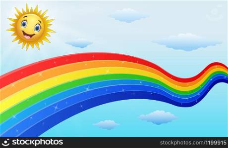 Illustration of Smiling sun character near the rainbow