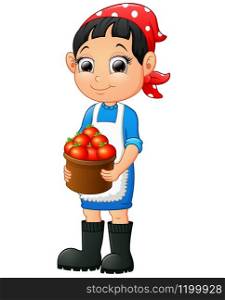 Illustration of Smiling young woman holding a basket of tomatoes